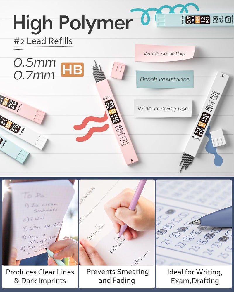 Nicpro 6PCS Pastel Mechanical Pencil Set with Case, Cute Drafting Pencils 0.5mm & 0.7mm with 6 Tubes HB Lead Refills, Erasers, Eraser Refills, Aesthetic School Supplies for Girls Drawing Sketching - Image 4